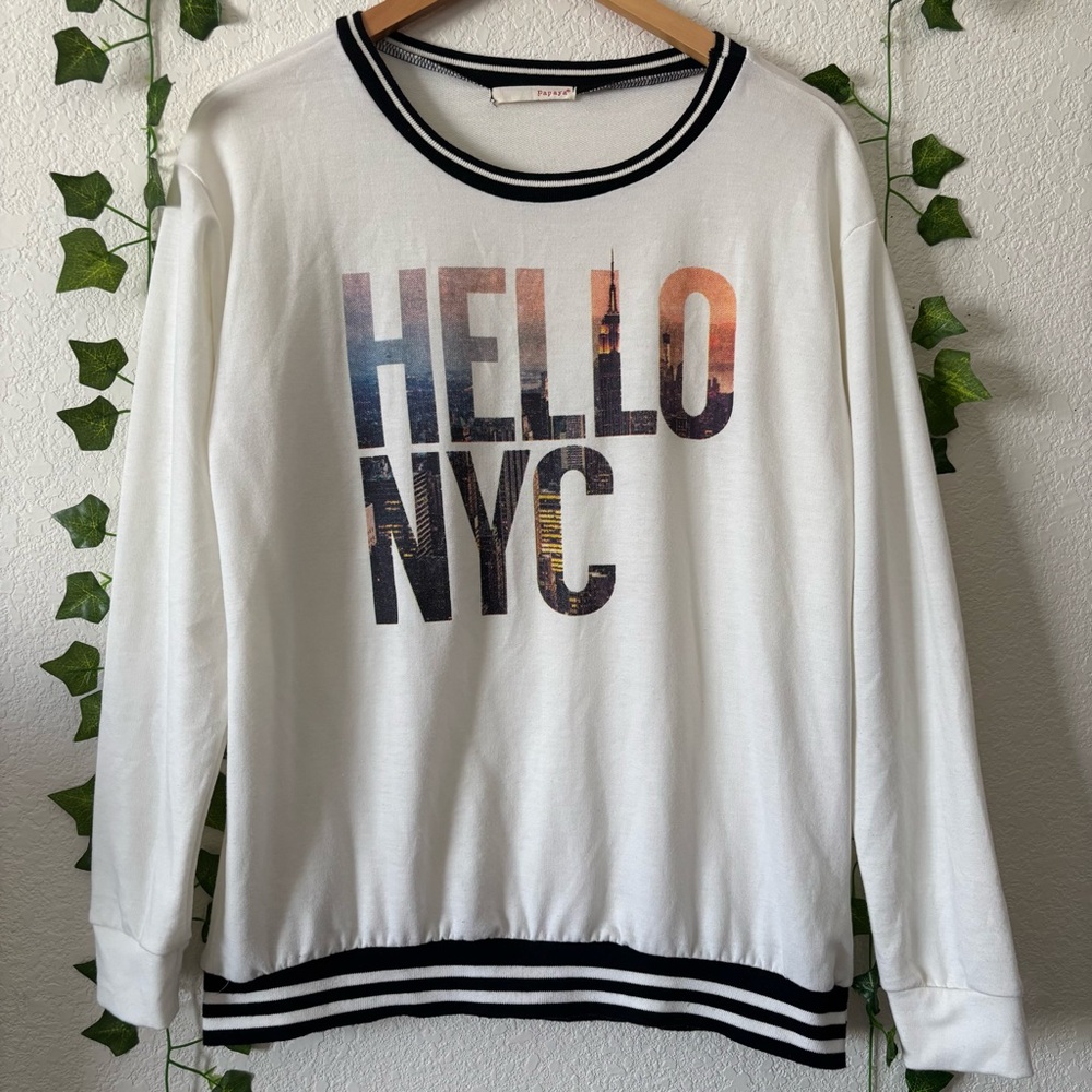 Papaya Women’s Hello NYC White Striped Long Sleeve Crewneck Sweatshirt Size S